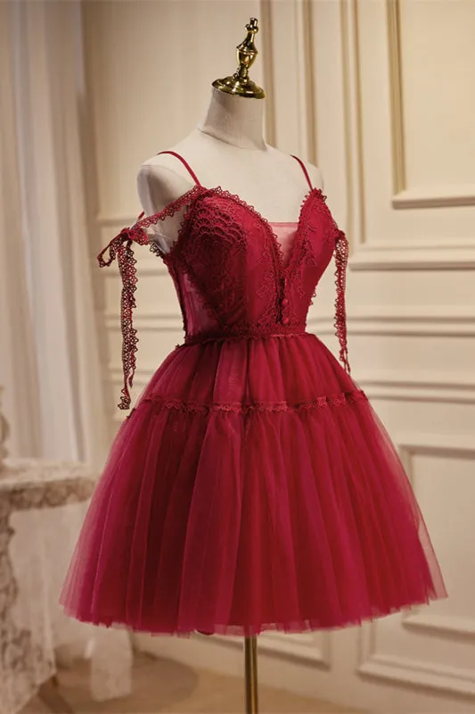 Straps Red Lace and Tulle Short Party Dress