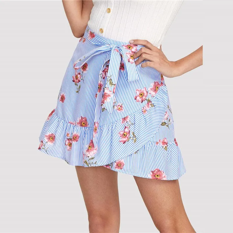 STRIPED FLORAL RUFFLE MINI SKIRT