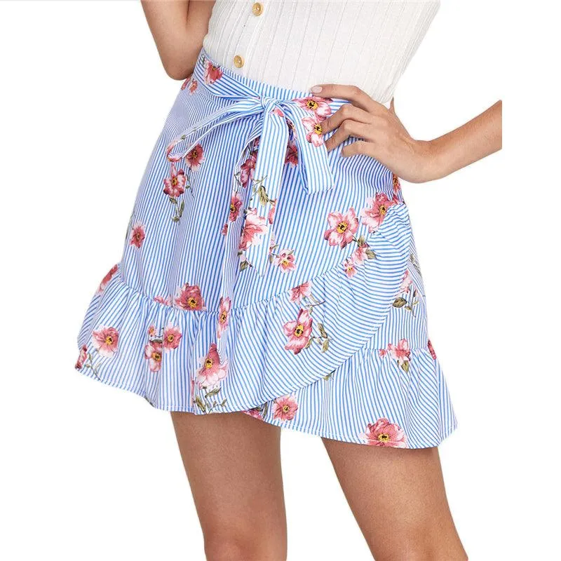 STRIPED FLORAL RUFFLE MINI SKIRT