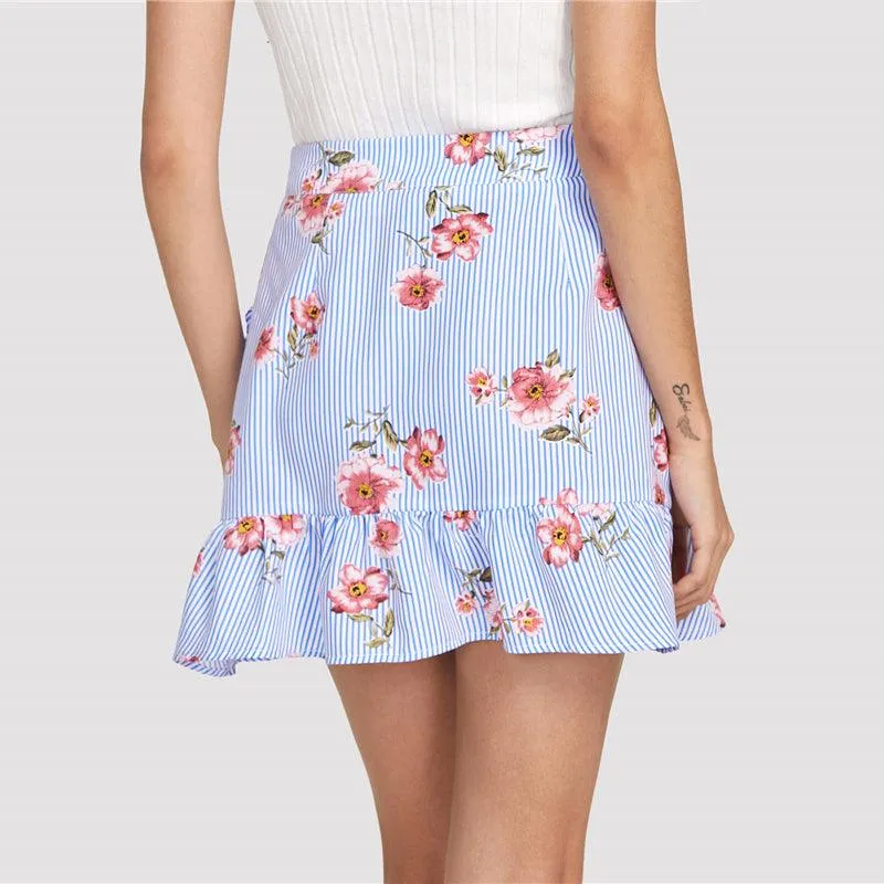 STRIPED FLORAL RUFFLE MINI SKIRT