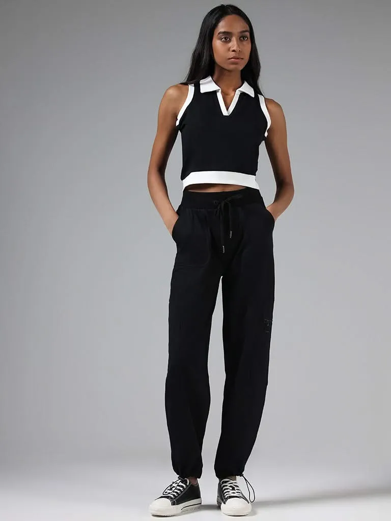 Studiofit Black Contrast Paneled Cotton Blend Crop Fit T-Shirt