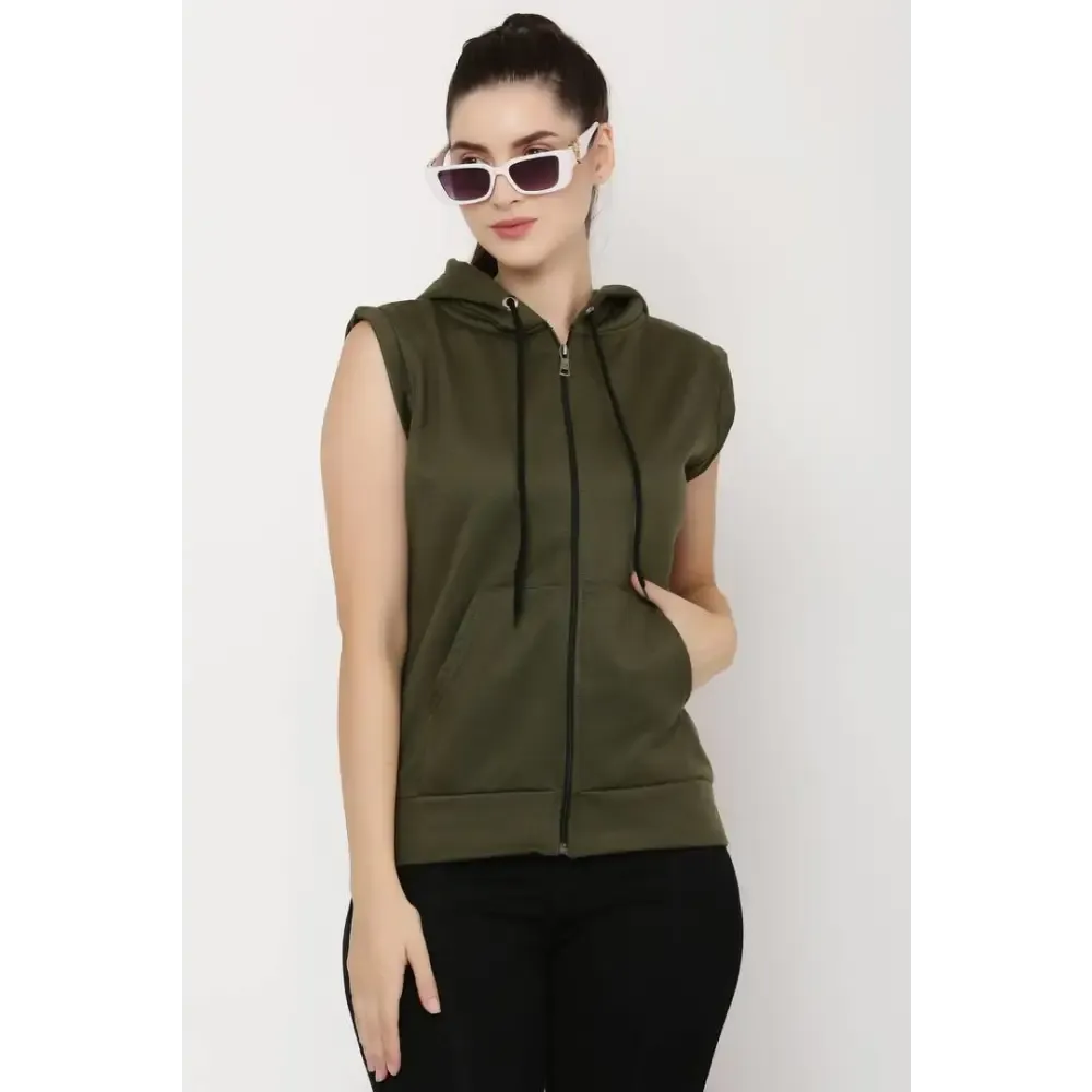 Stylish Mehandi Green Fleece Sleeveless Hoodies Sweatshirt Zipper Jacket For Women