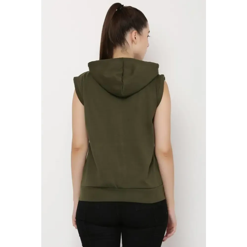 Stylish Mehandi Green Fleece Sleeveless Hoodies Sweatshirt Zipper Jacket For Women