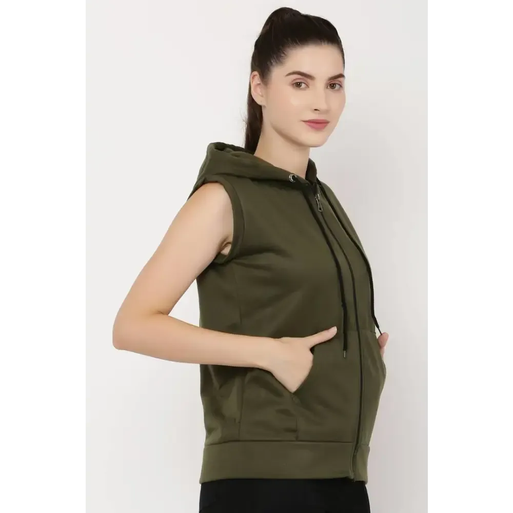 Stylish Mehandi Green Fleece Sleeveless Hoodies Sweatshirt Zipper Jacket For Women