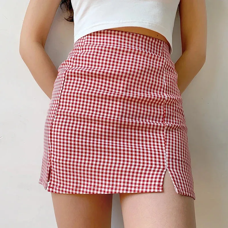 TAVIMART  -  American Retro High-waisted Red Plaid Women Hip Skirt Safety Pants Anti-lighting Skirt Sexy Skirt for Sex  Mujer Faldas