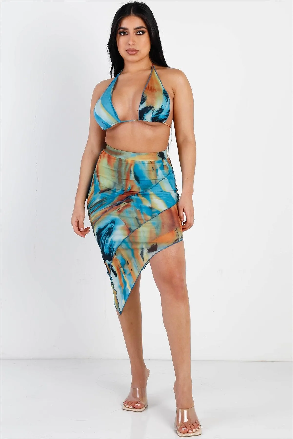 Teal Multi Color Print Mesh Triangle Top & Reverse Stitch Asymmetric Midi Skirt Set /3-2-1