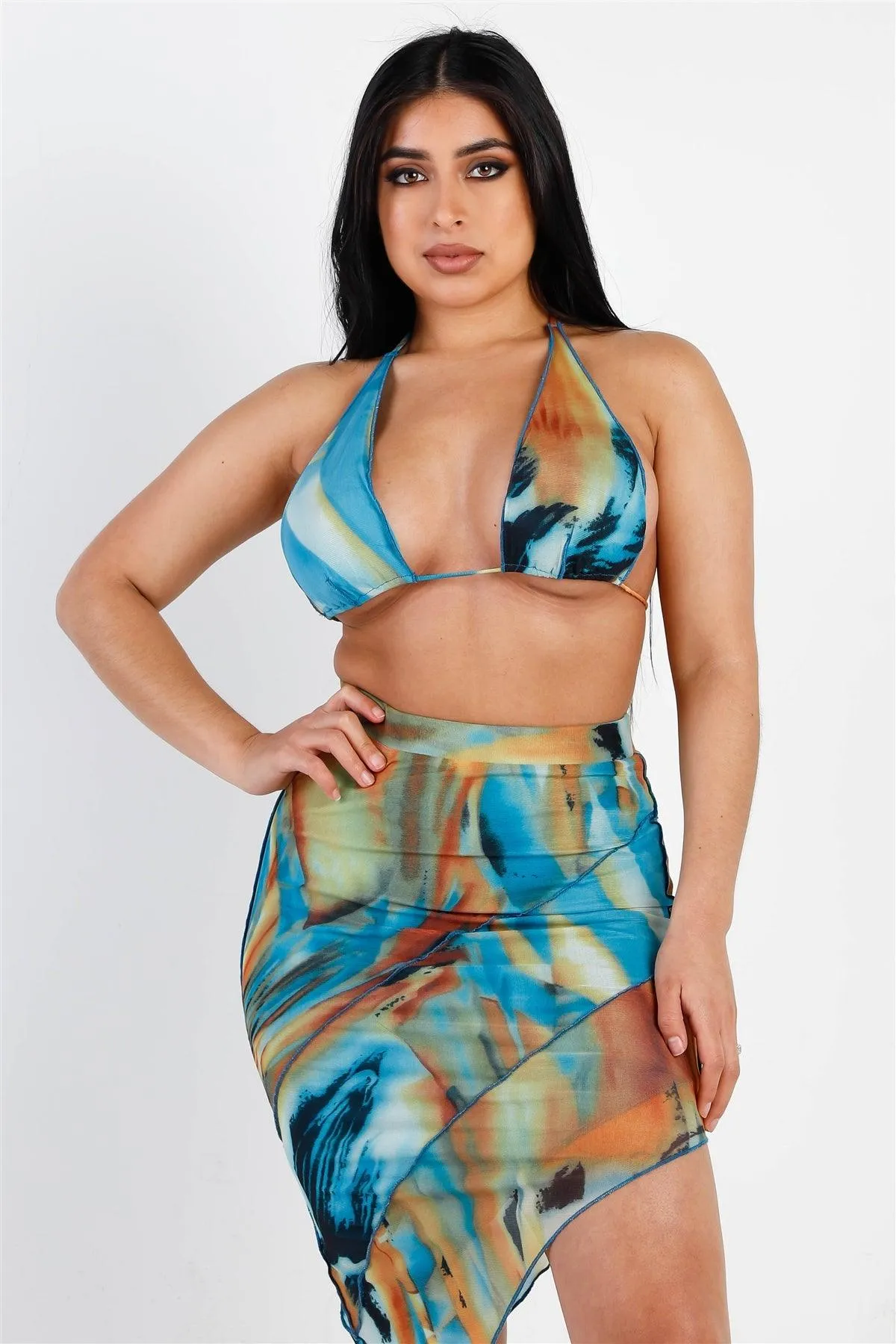 Teal Multi Color Print Mesh Triangle Top & Reverse Stitch Asymmetric Midi Skirt Set /3-2-1