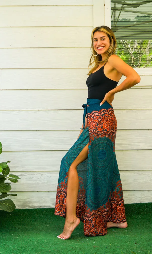 Teal Orange Mandala Palazzo Wrap Pants