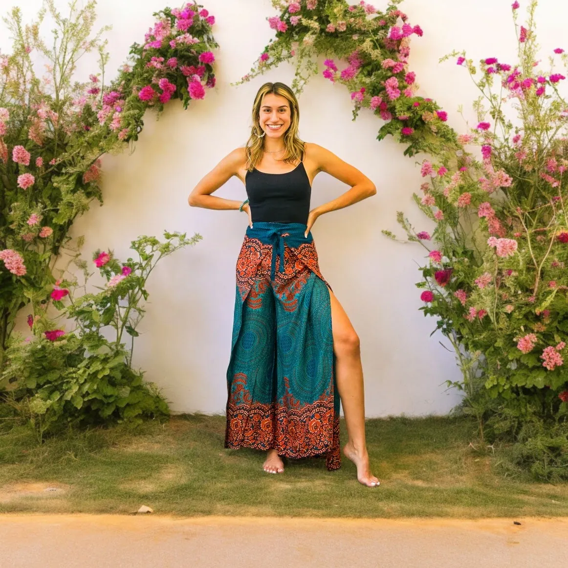 Teal Orange Mandala Palazzo Wrap Pants