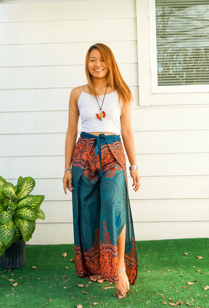 Teal Orange Mandala Palazzo Wrap Pants