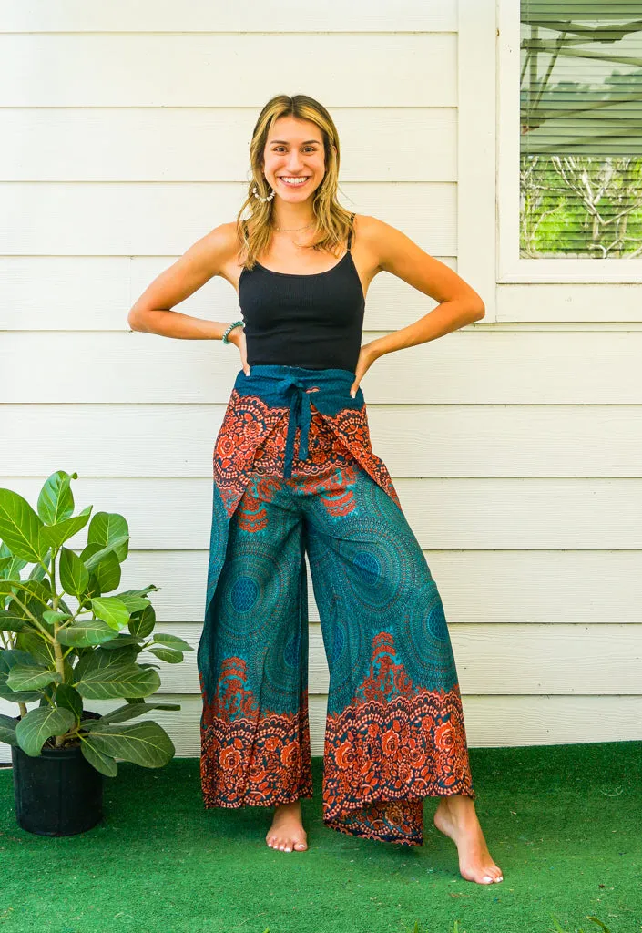 Teal Orange Mandala Palazzo Wrap Pants