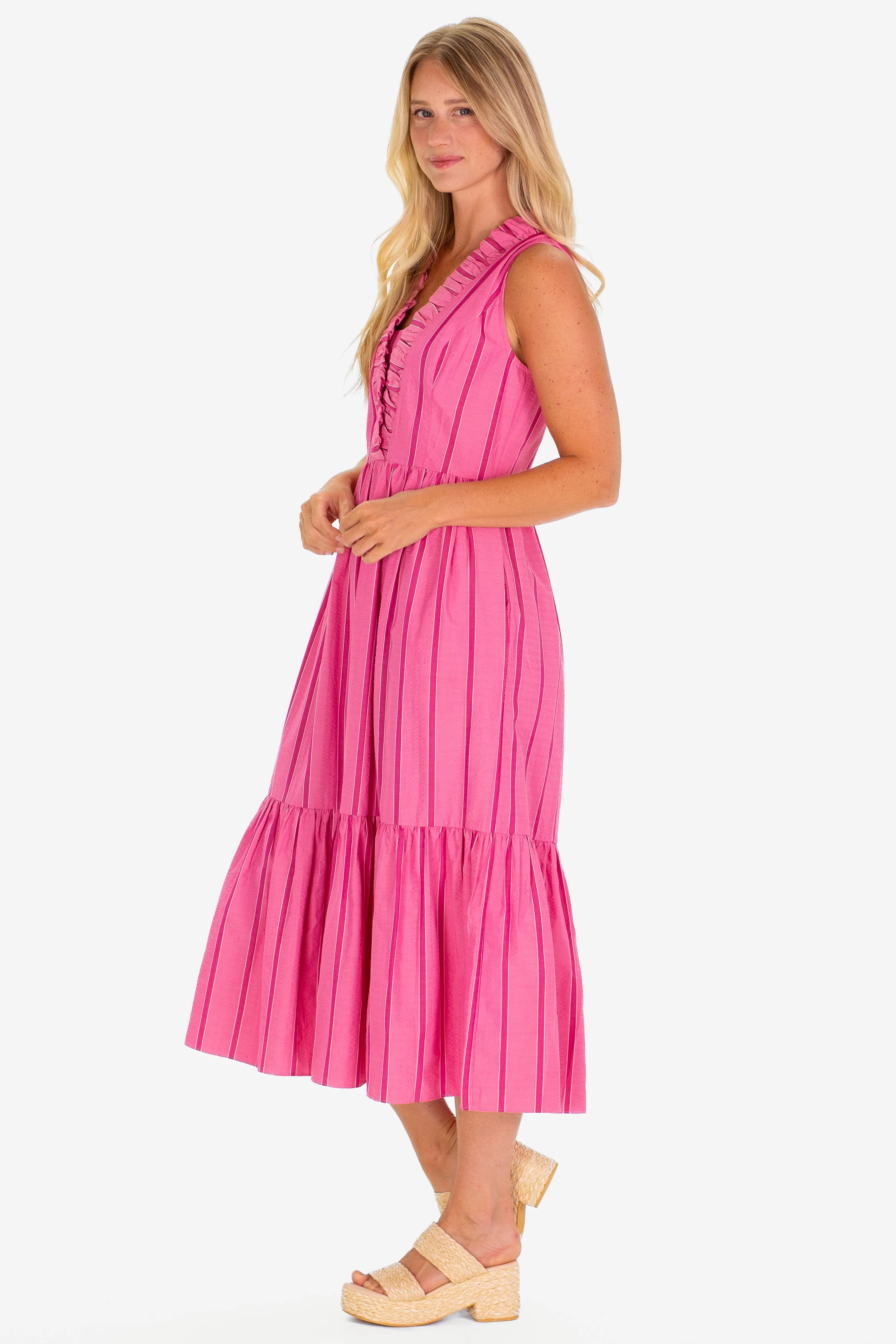 The Delphine Dress in Candy Pink Seersucker