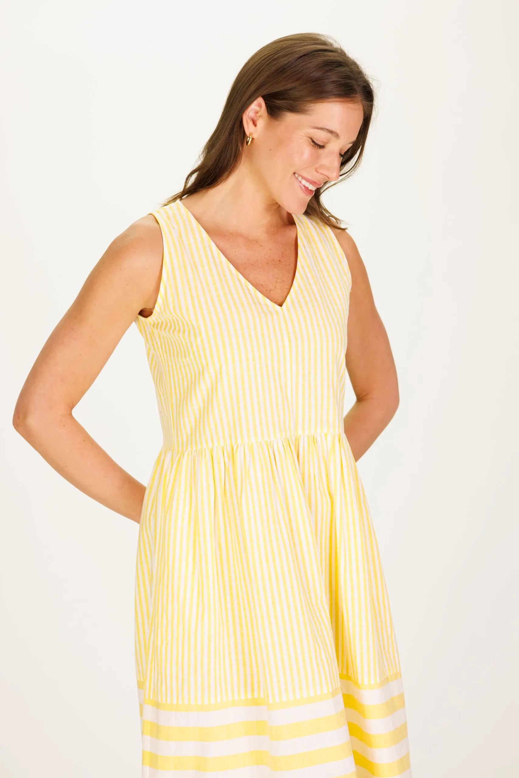 The Twila Dress in Lemon Linen Stripe