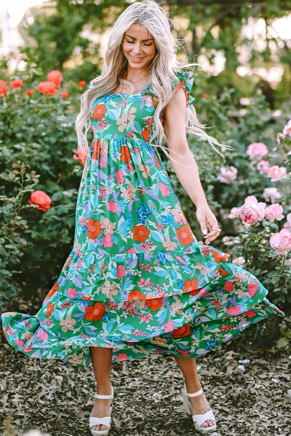 Tiered Ruffled Printed Sleeveless Dress