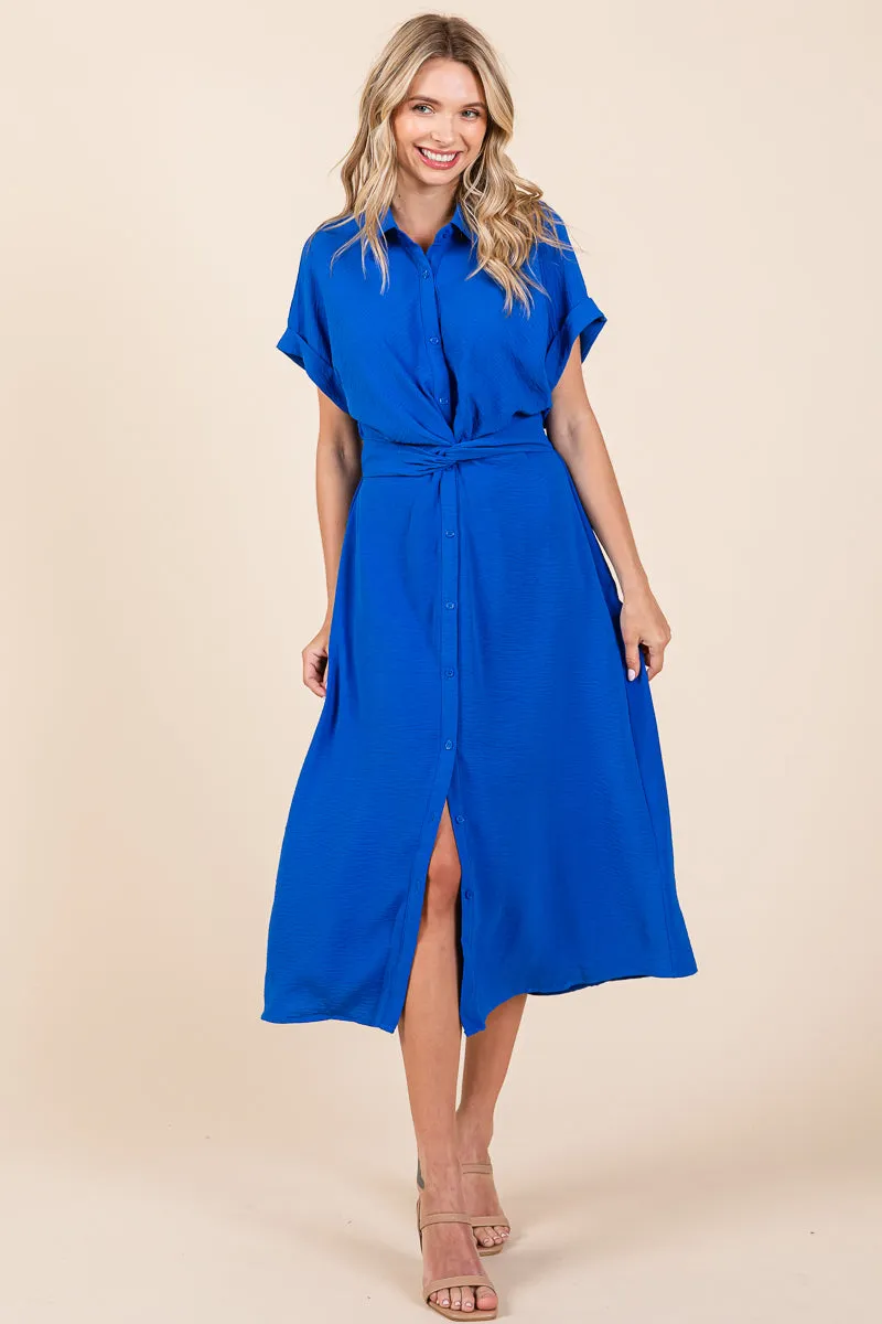 Twist Front Smocked Button Down Midi Shirt Dress