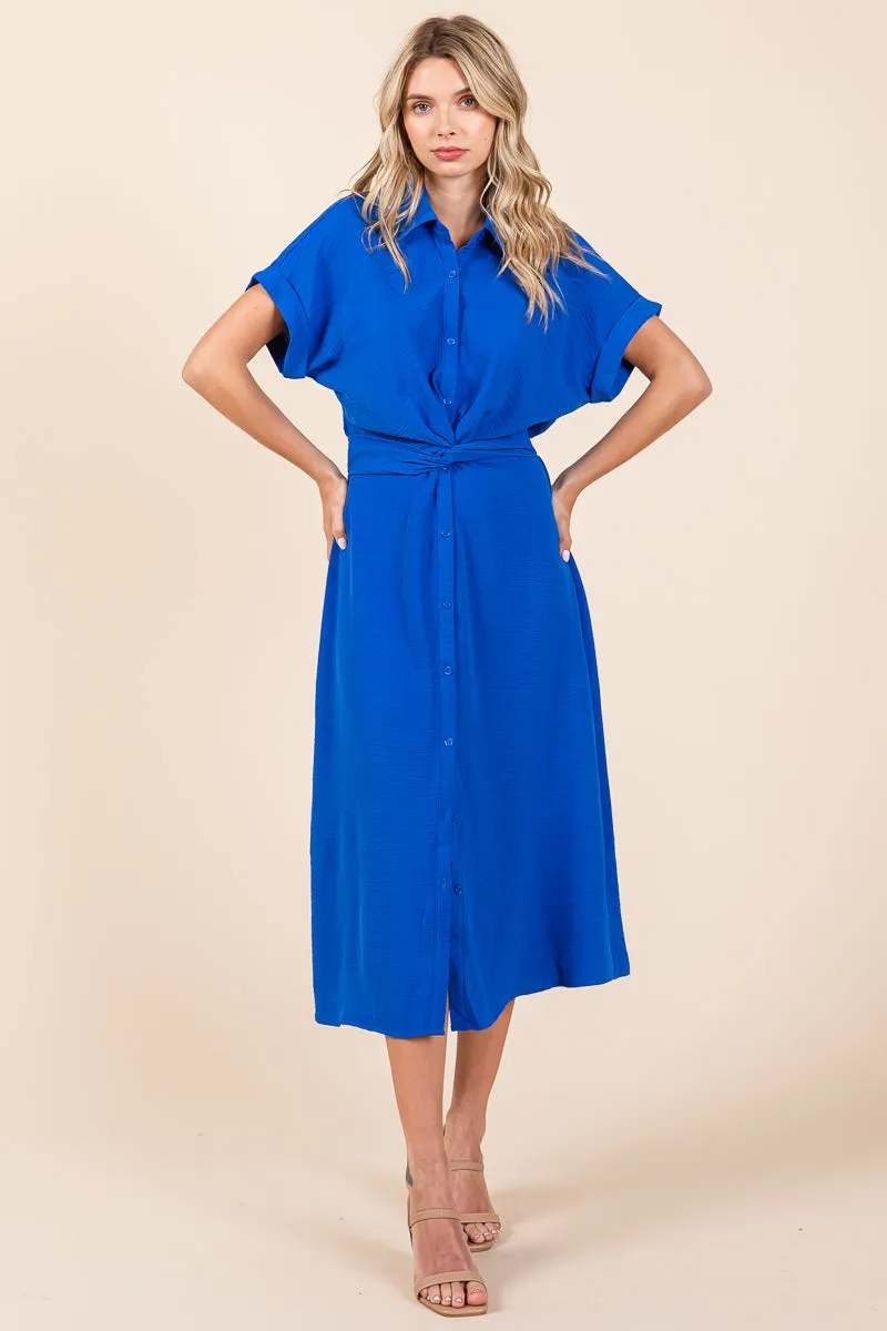 Twist Front Smocked Button Down Midi Shirt Dress