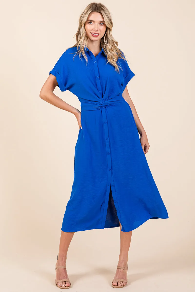 Twist Front Smocked Button Down Midi Shirt Dress