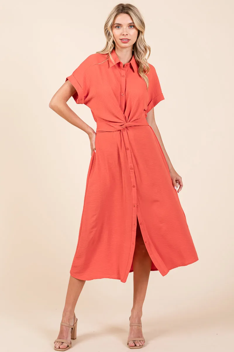 Twist Front Smocked Button Down Midi Shirt Dress