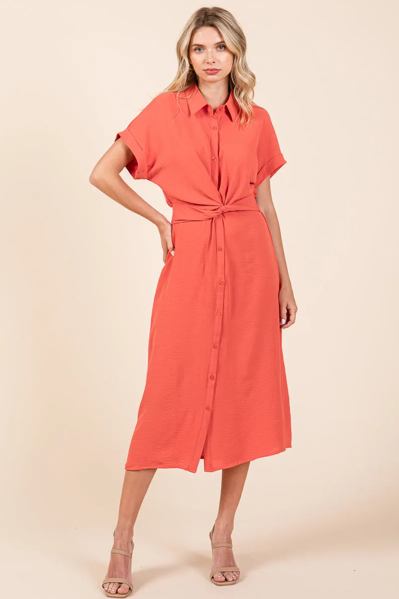 Twist Front Smocked Button Down Midi Shirt Dress