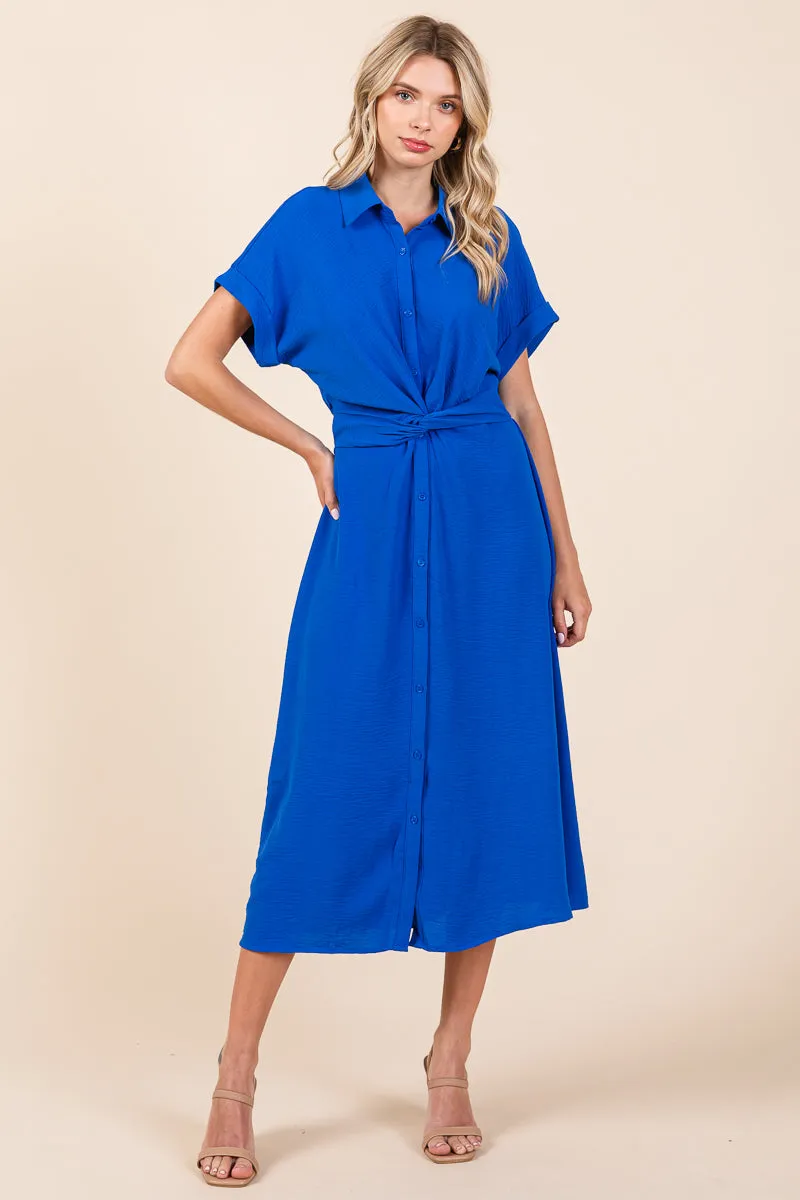 Twist Front Smocked Button Down Midi Shirt Dress