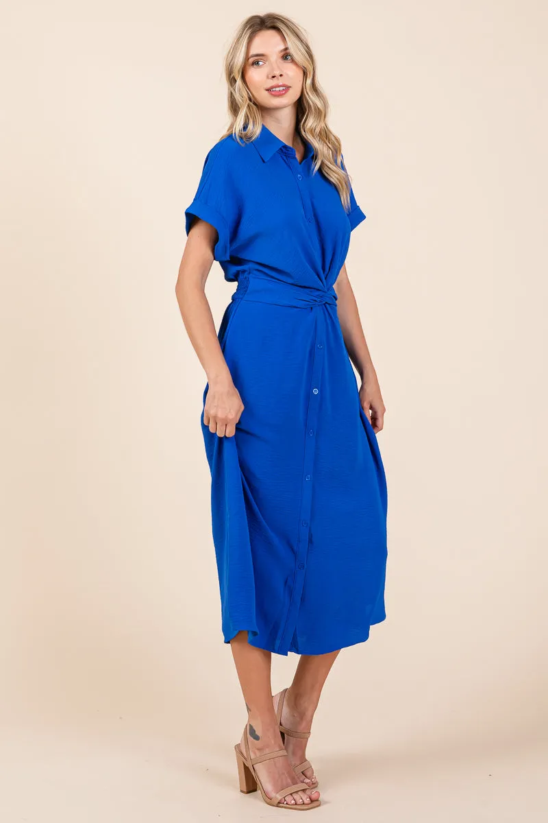 Twist Front Smocked Button Down Midi Shirt Dress