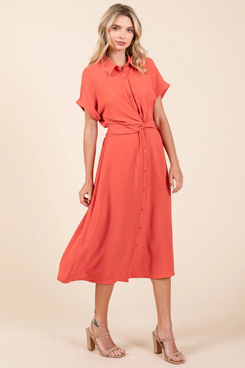 Twist Front Smocked Button Down Midi Shirt Dress