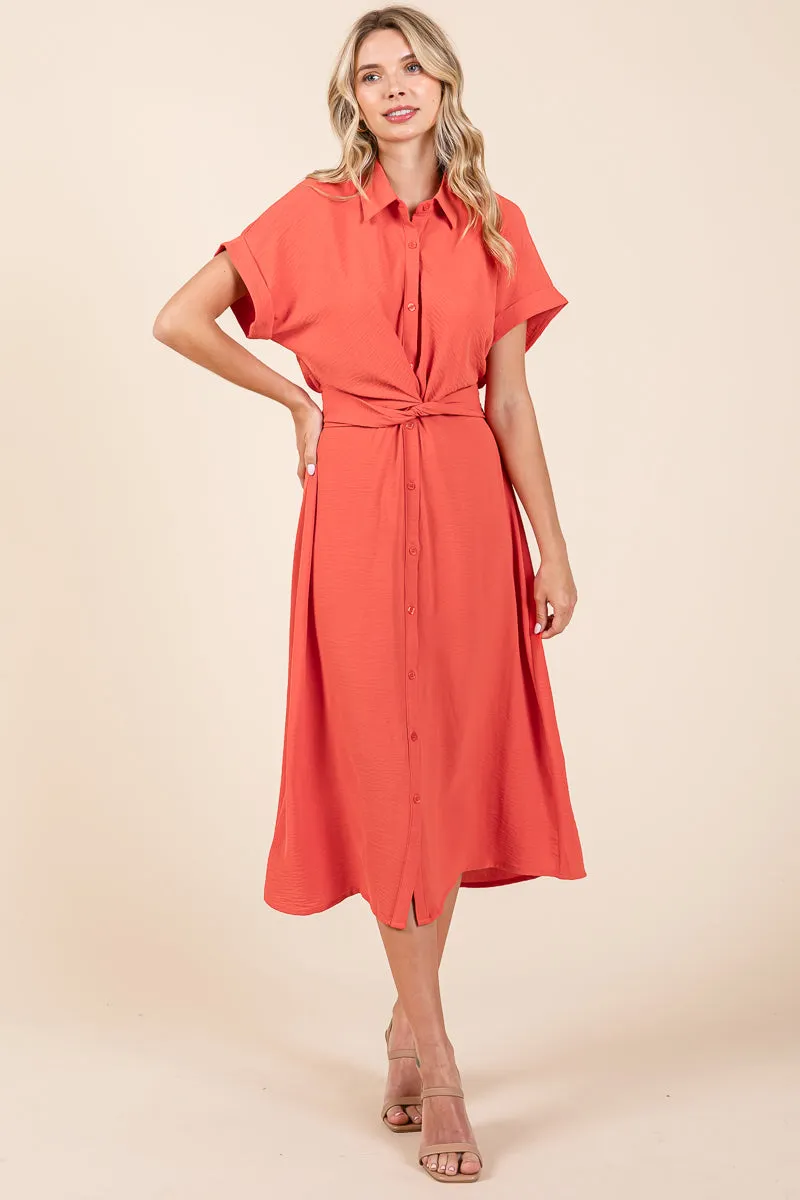 Twist Front Smocked Button Down Midi Shirt Dress