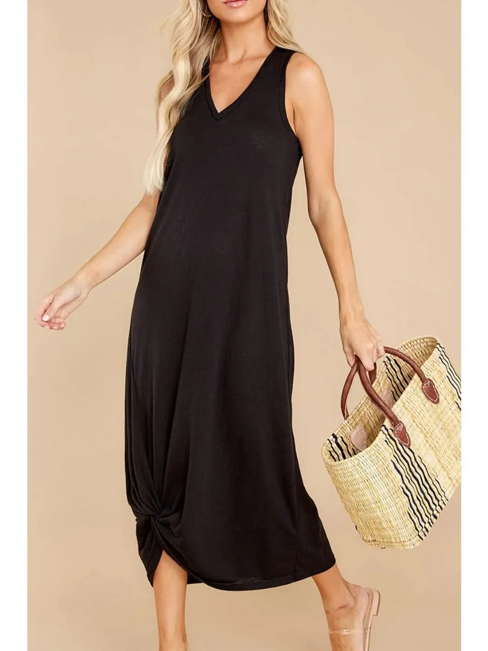 Twist Knot Front V-Neck Sleeveless Maxi Dress