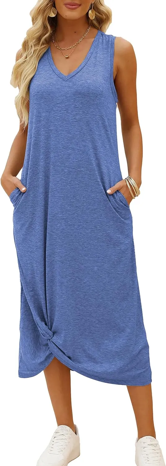 Twist Knot Front V-Neck Sleeveless Maxi Dress