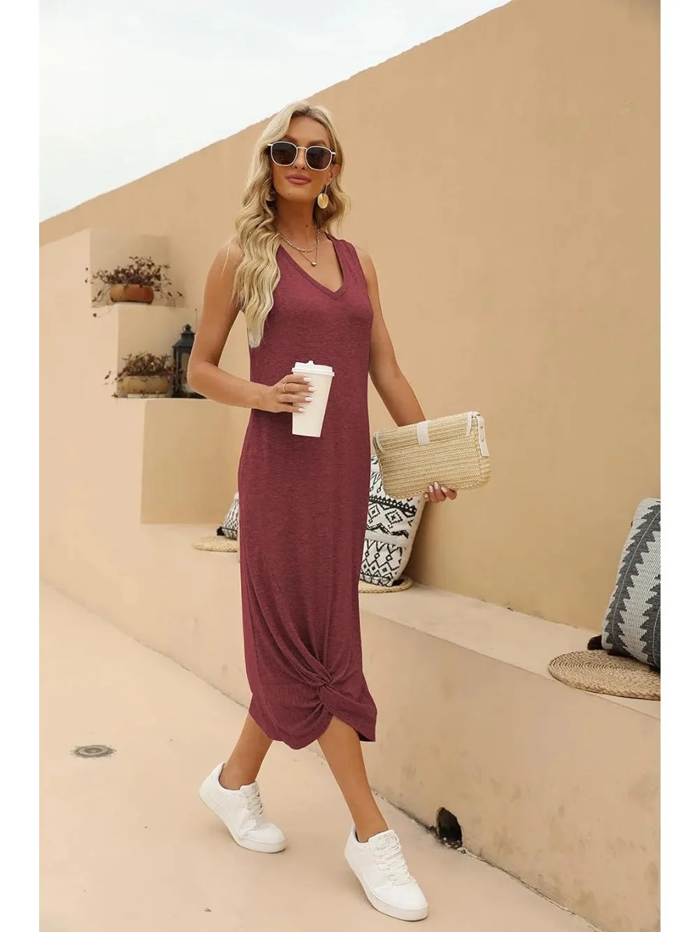 Twist Knot Front V-Neck Sleeveless Maxi Dress