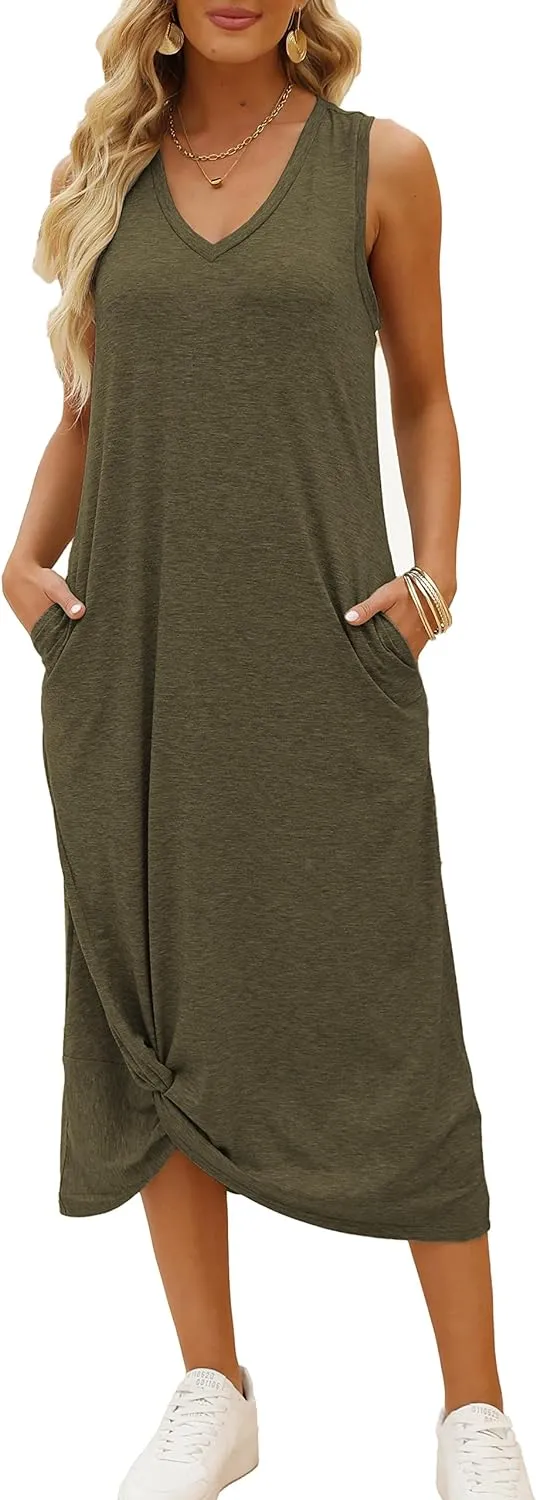 Twist Knot Front V-Neck Sleeveless Maxi Dress