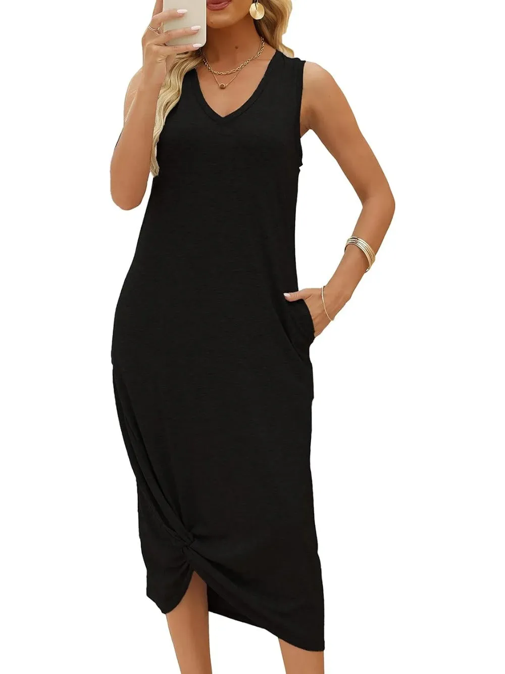 Twist Knot Front V-Neck Sleeveless Maxi Dress