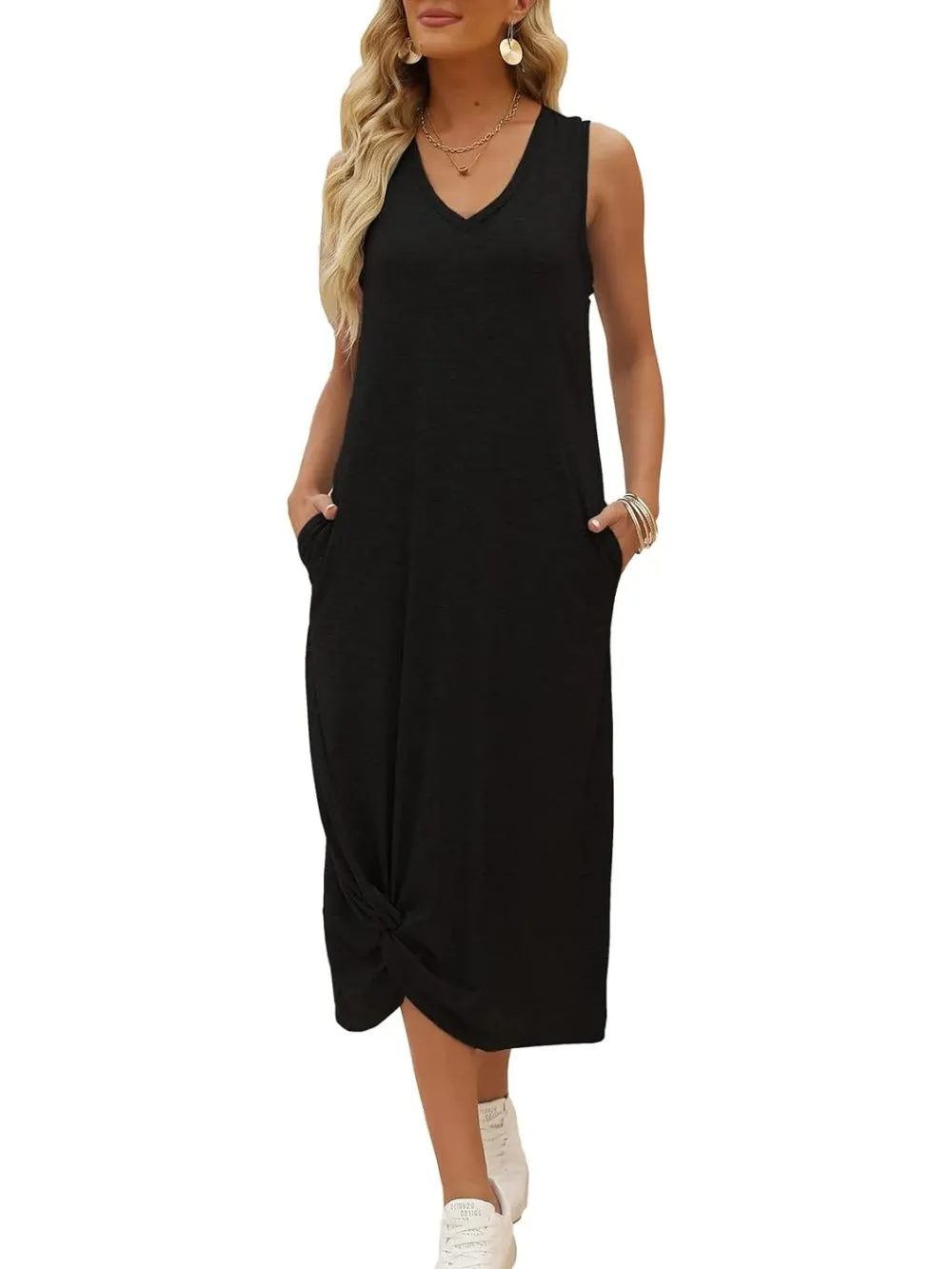 Twist Knot Front V-Neck Sleeveless Maxi Dress