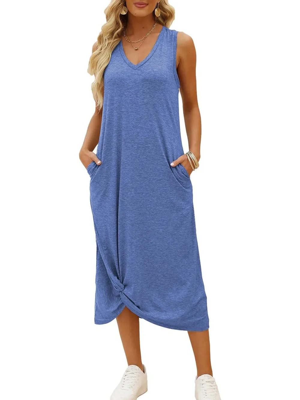 Twist Knot Front V-Neck Sleeveless Maxi Dress