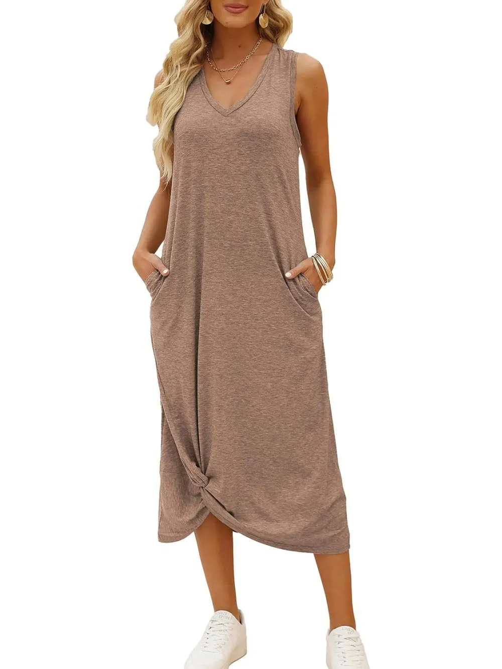 Twist Knot Front V-Neck Sleeveless Maxi Dress