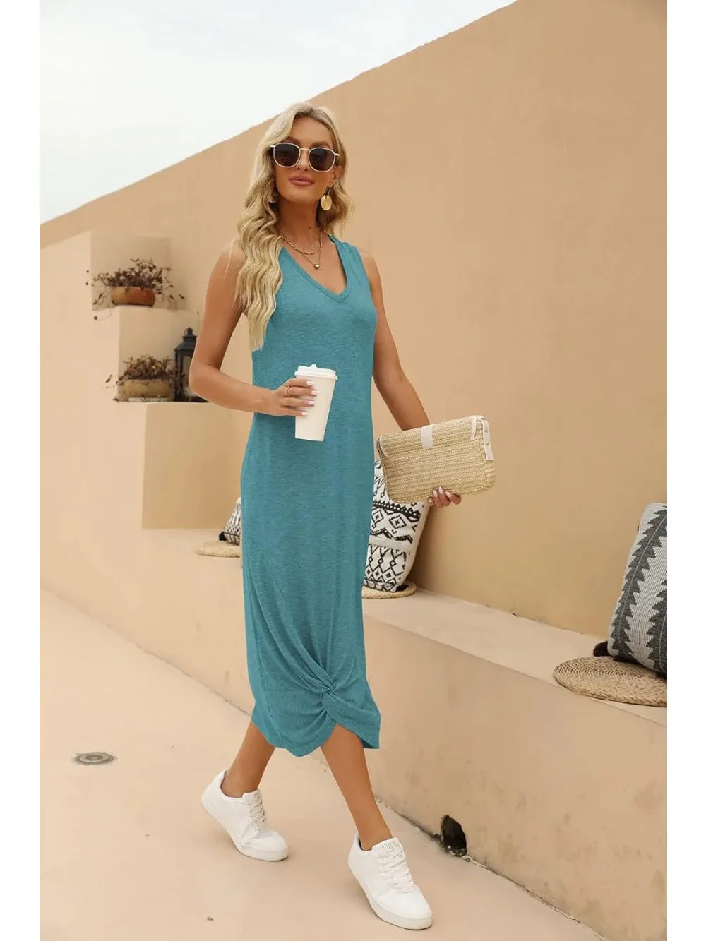 Twist Knot Front V-Neck Sleeveless Maxi Dress