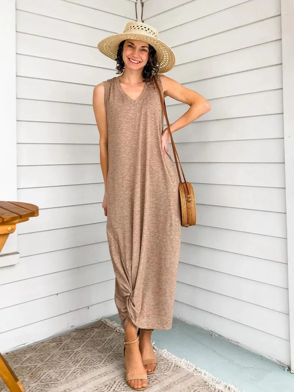 Twist Knot Front V-Neck Sleeveless Maxi Dress