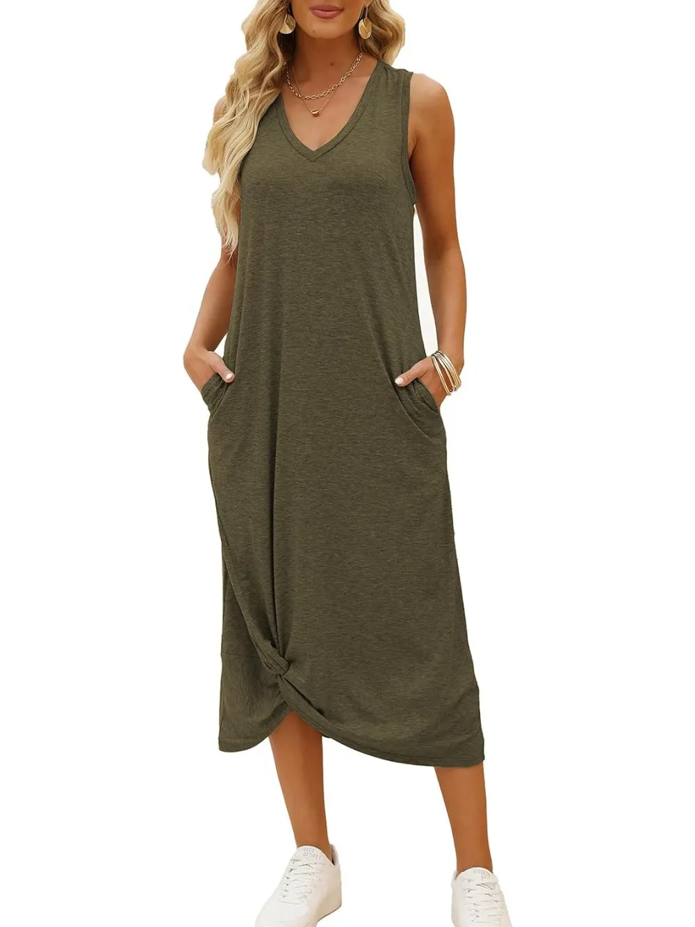 Twist Knot Front V-Neck Sleeveless Maxi Dress