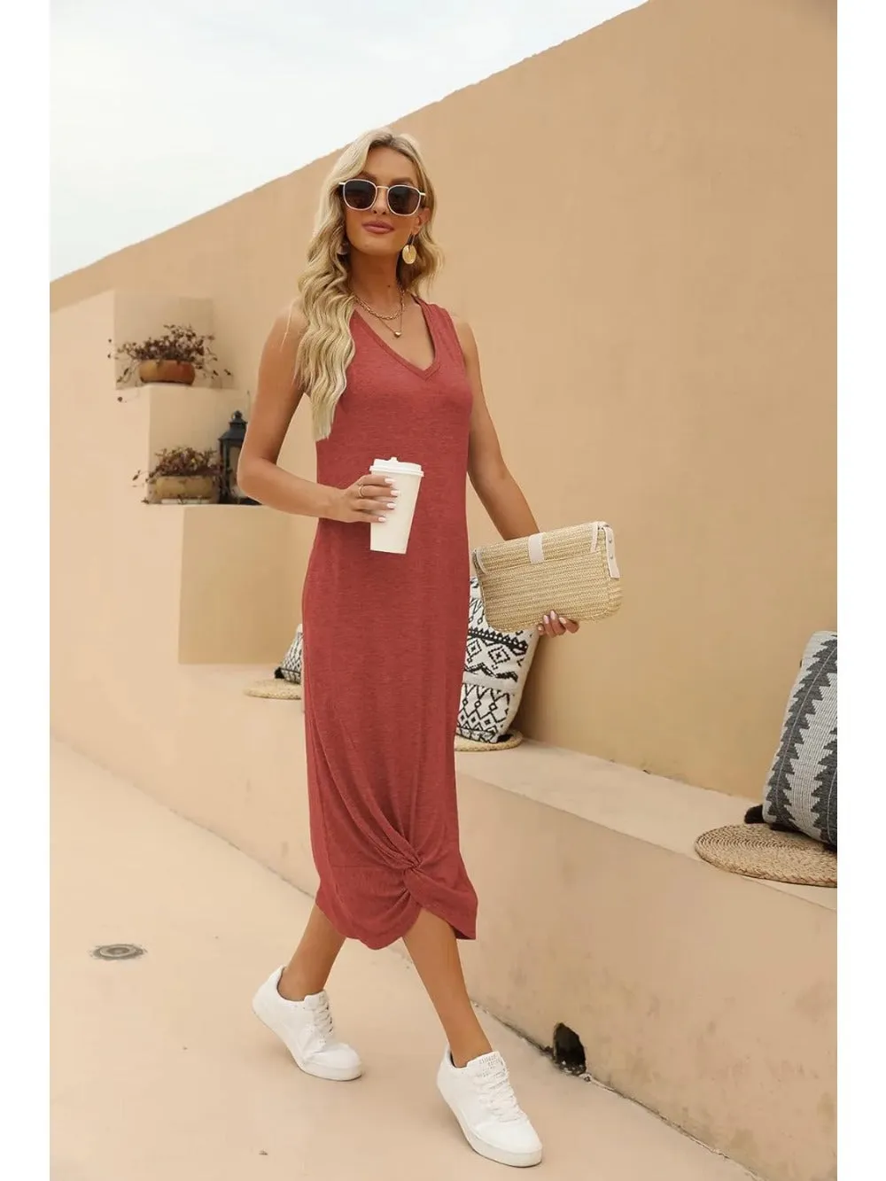 Twist Knot Front V-Neck Sleeveless Maxi Dress