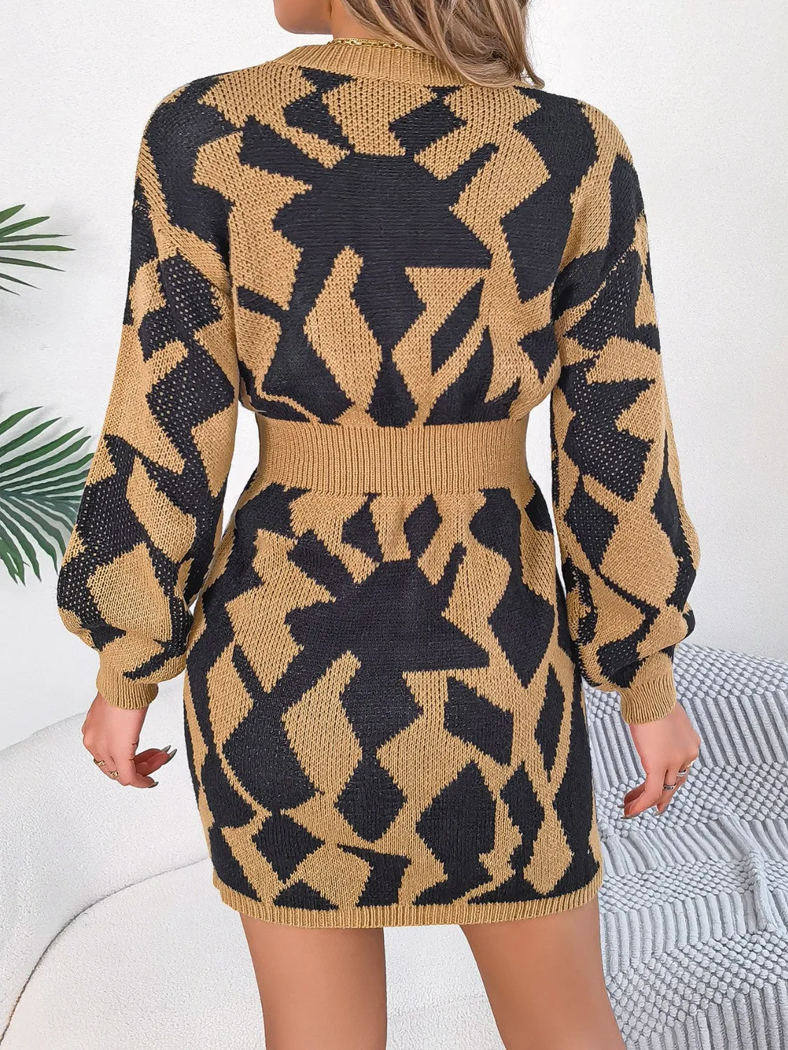 Unique Print Design Mini Sweater Dress with  Round Neck Cutout & Long Sleeve