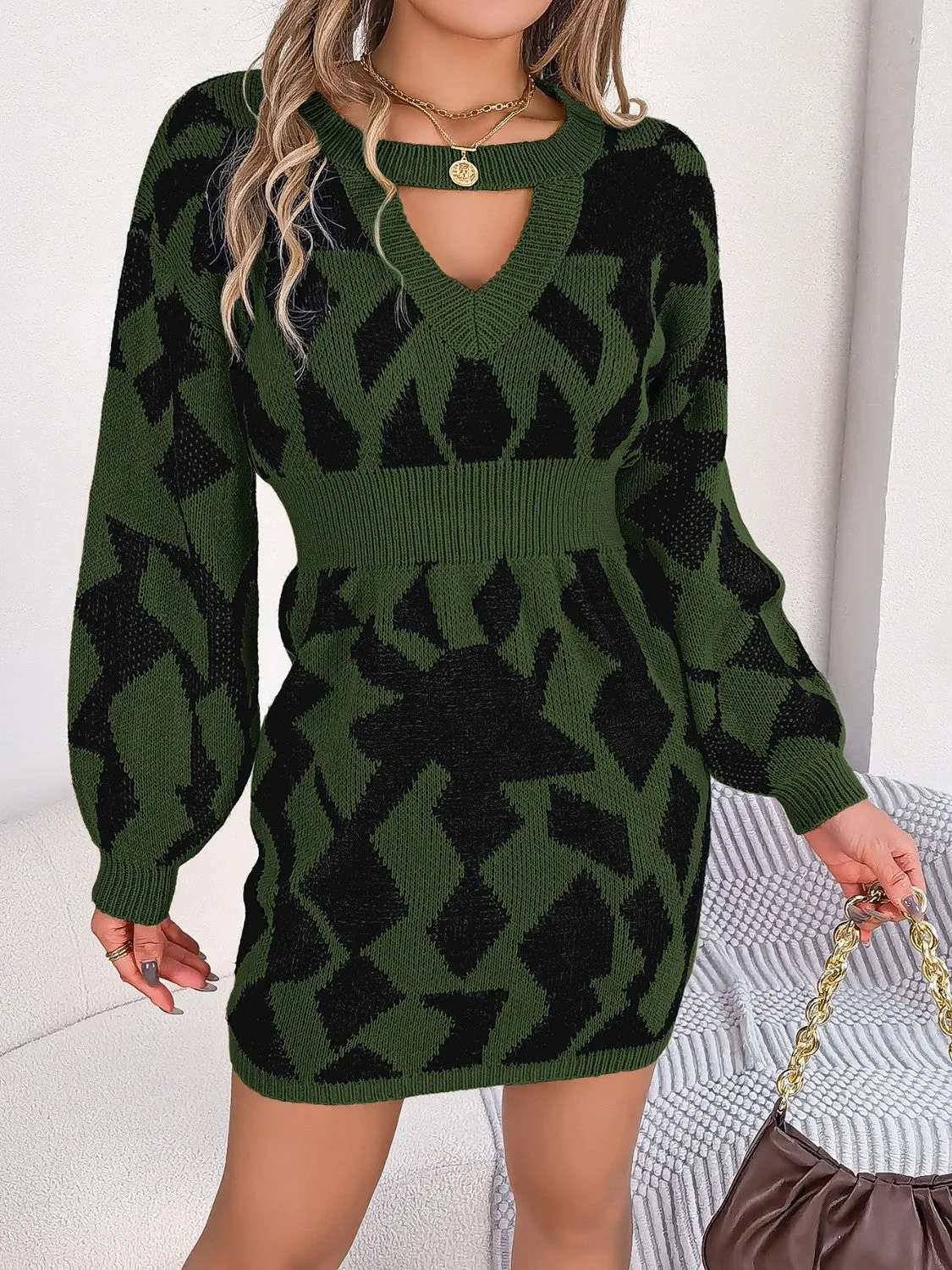 Unique Print Design Mini Sweater Dress with  Round Neck Cutout & Long Sleeve