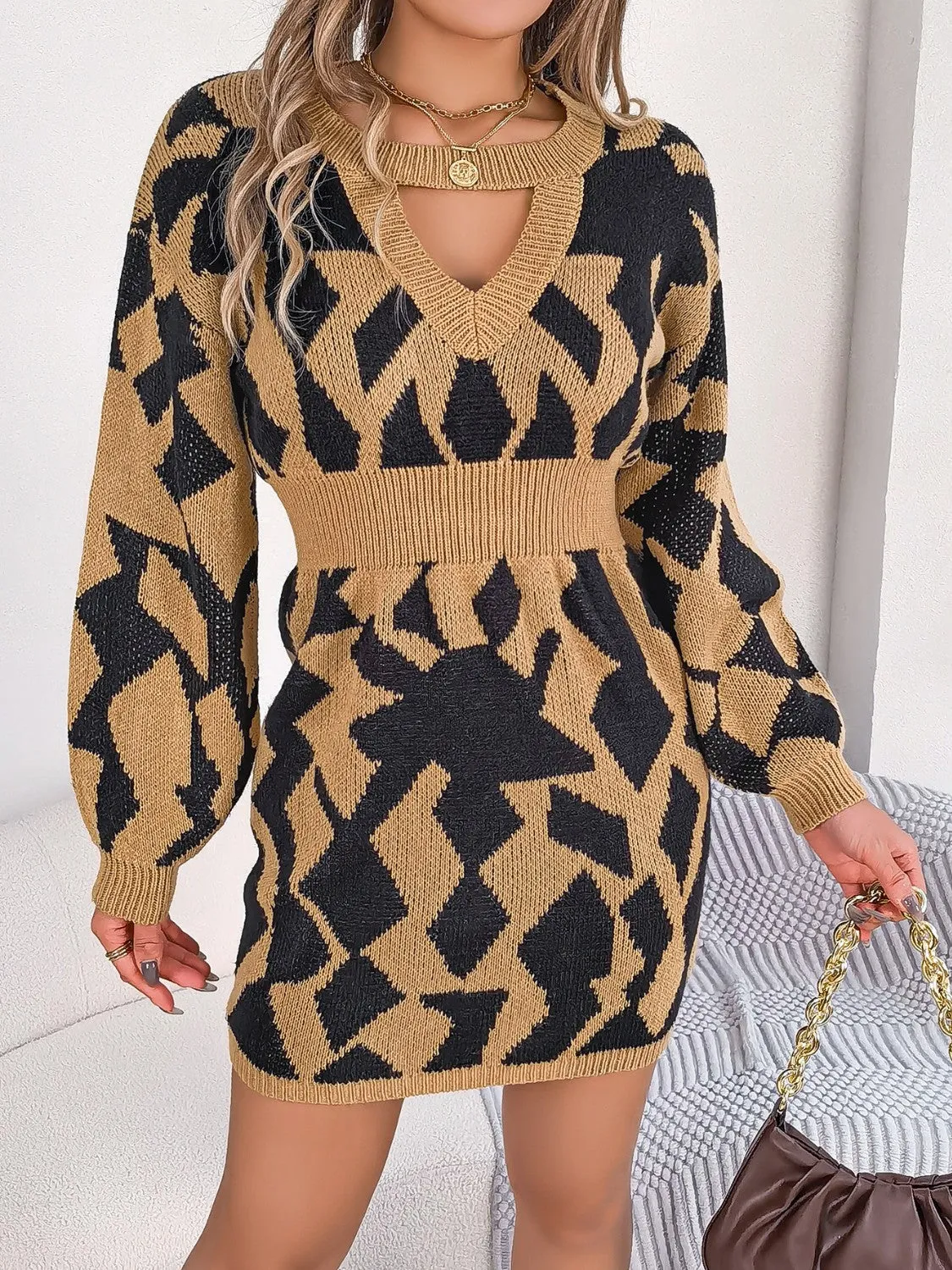 Unique Print Design Mini Sweater Dress with  Round Neck Cutout & Long Sleeve