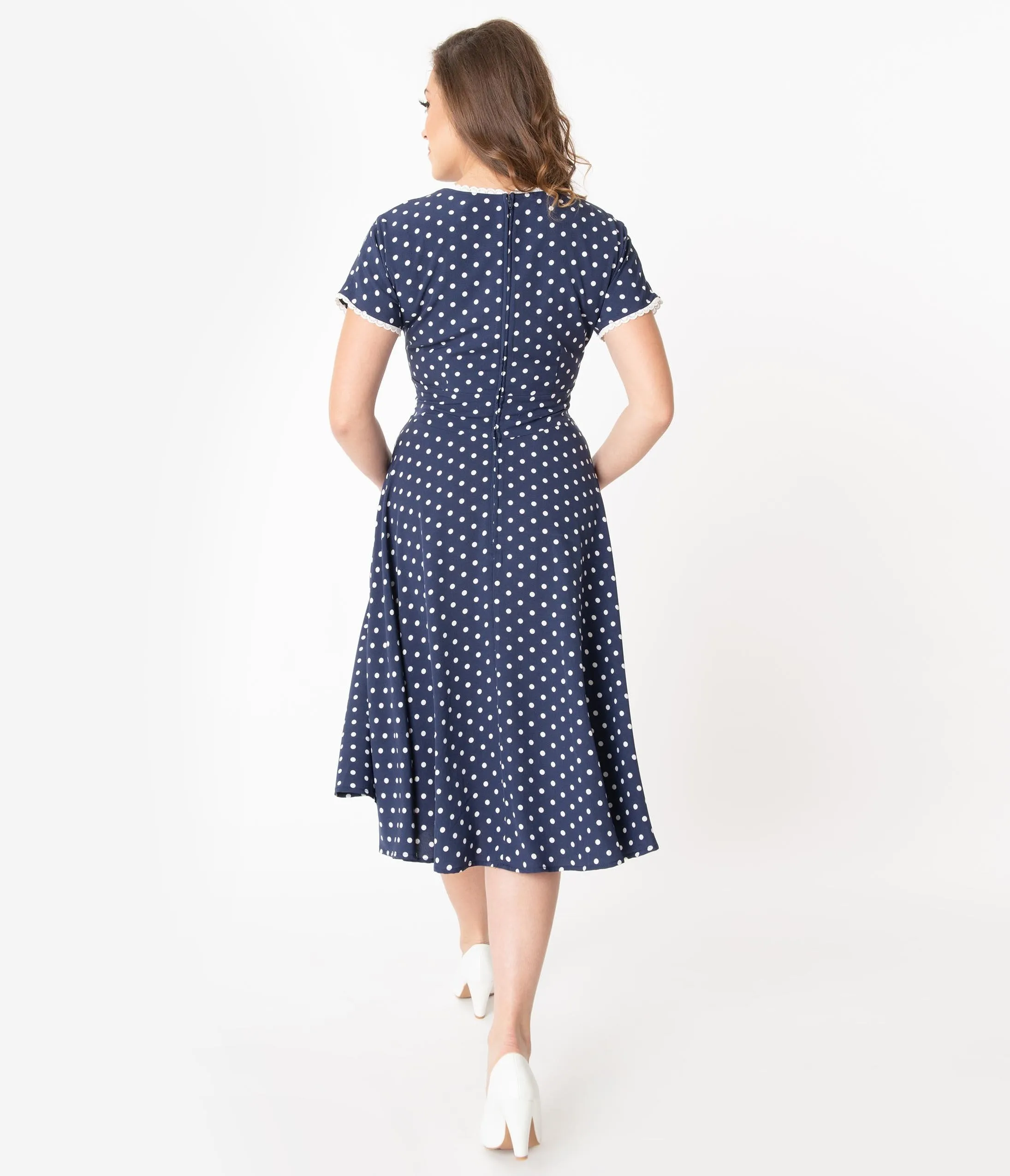 Unique Vintage 1950s Navy & White Polka Dot Goldie Swing Dress