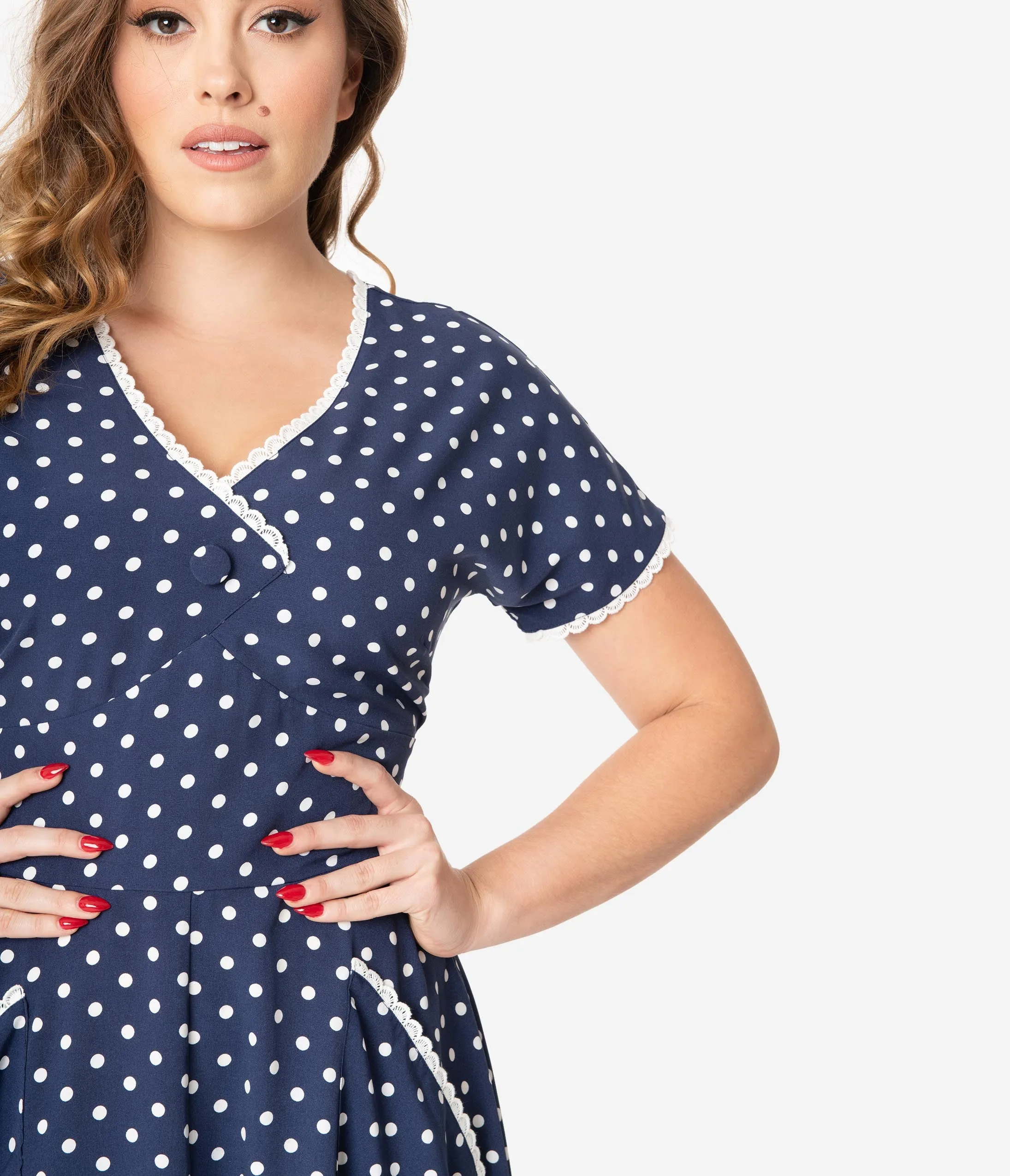 Unique Vintage 1950s Navy & White Polka Dot Goldie Swing Dress