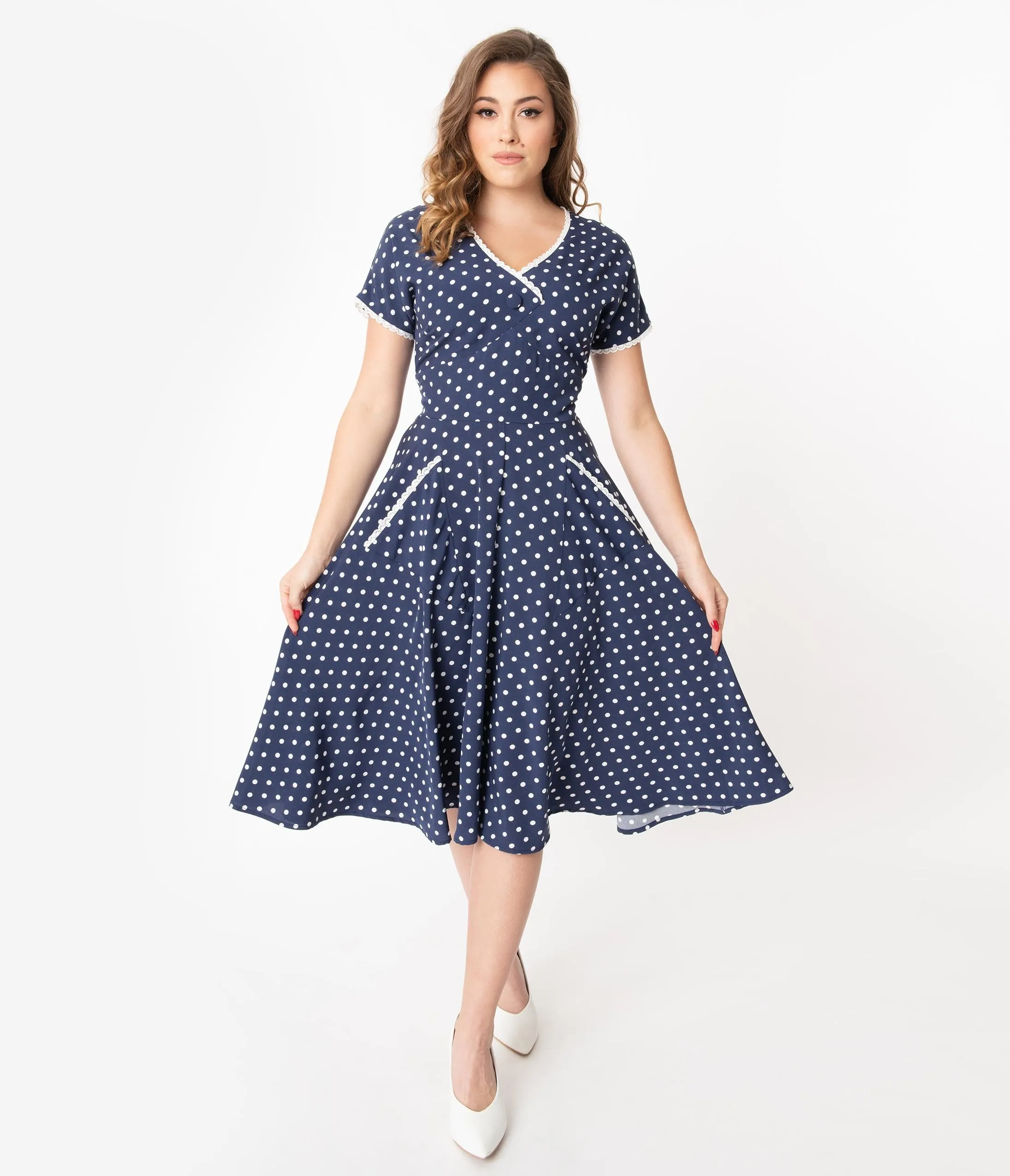 Unique Vintage 1950s Navy & White Polka Dot Goldie Swing Dress