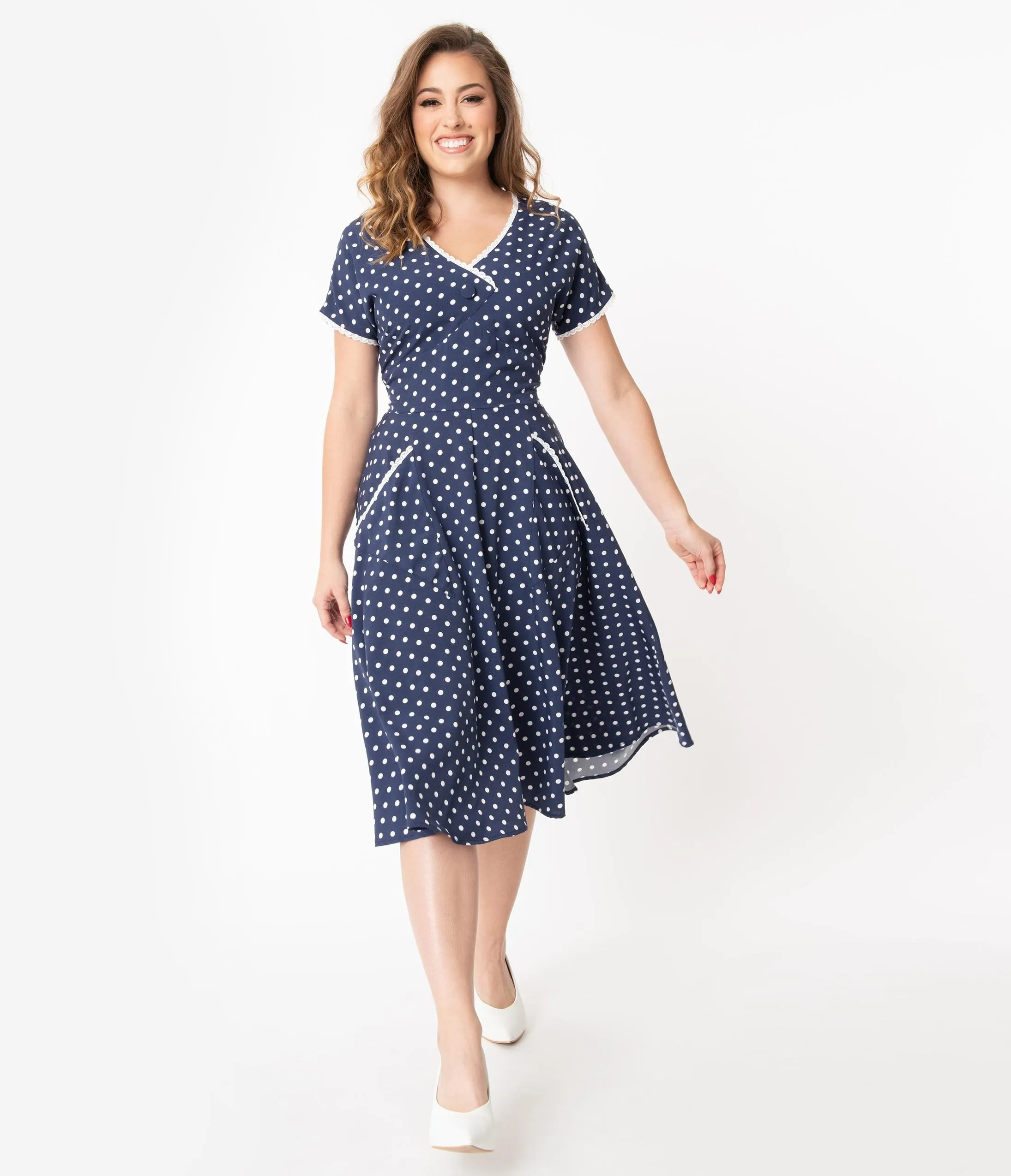 Unique Vintage 1950s Navy & White Polka Dot Goldie Swing Dress