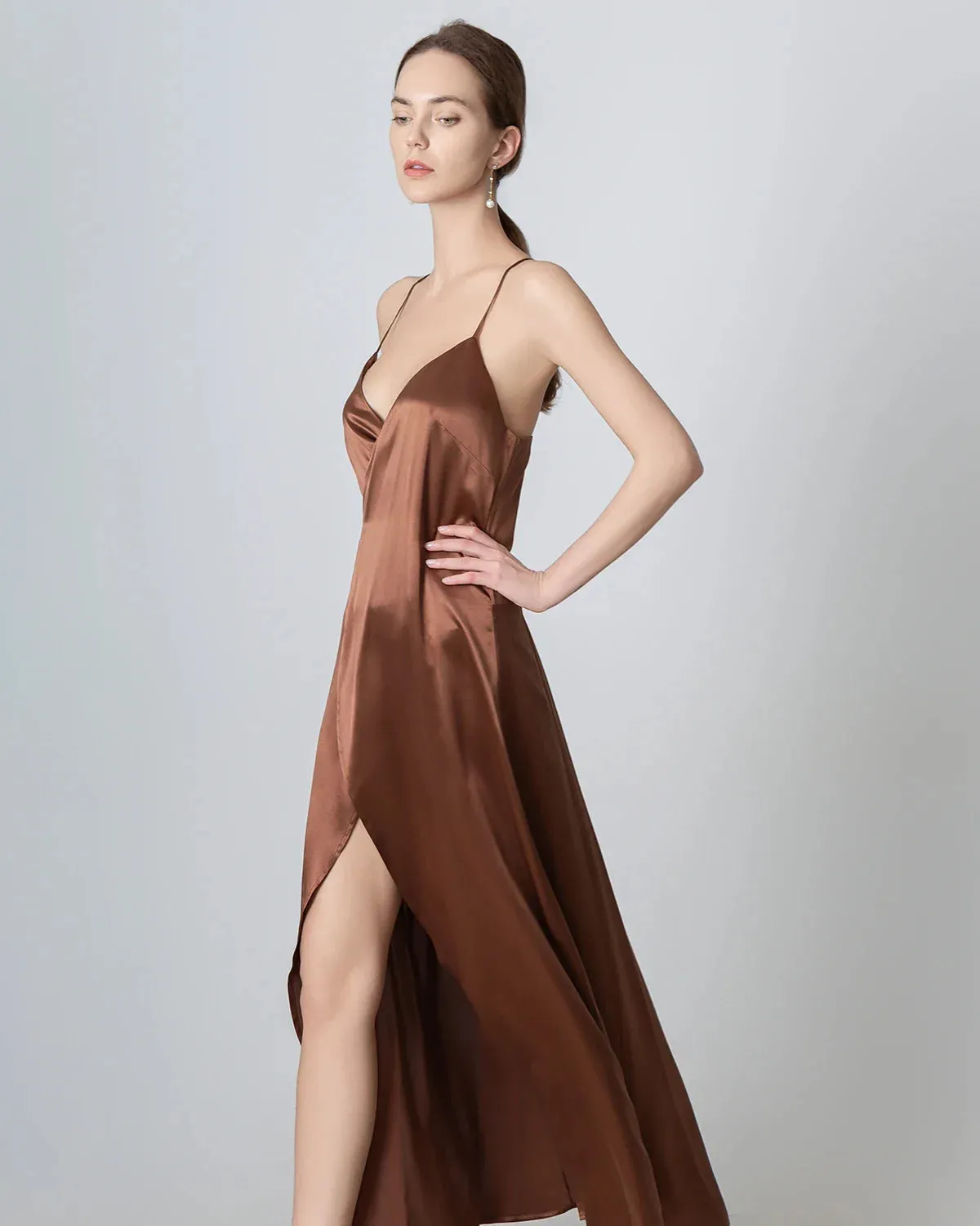 V-neck Backless Wrap Maxi Silk Dress