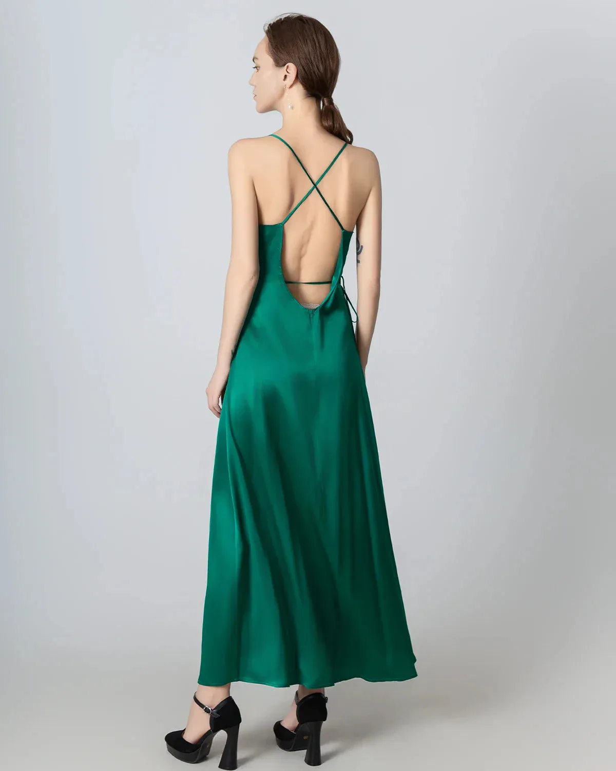 V-neck Backless Wrap Maxi Silk Dress