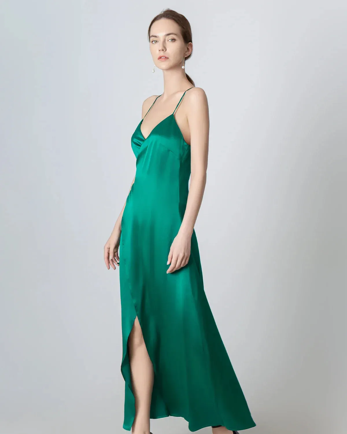 V-neck Backless Wrap Maxi Silk Dress