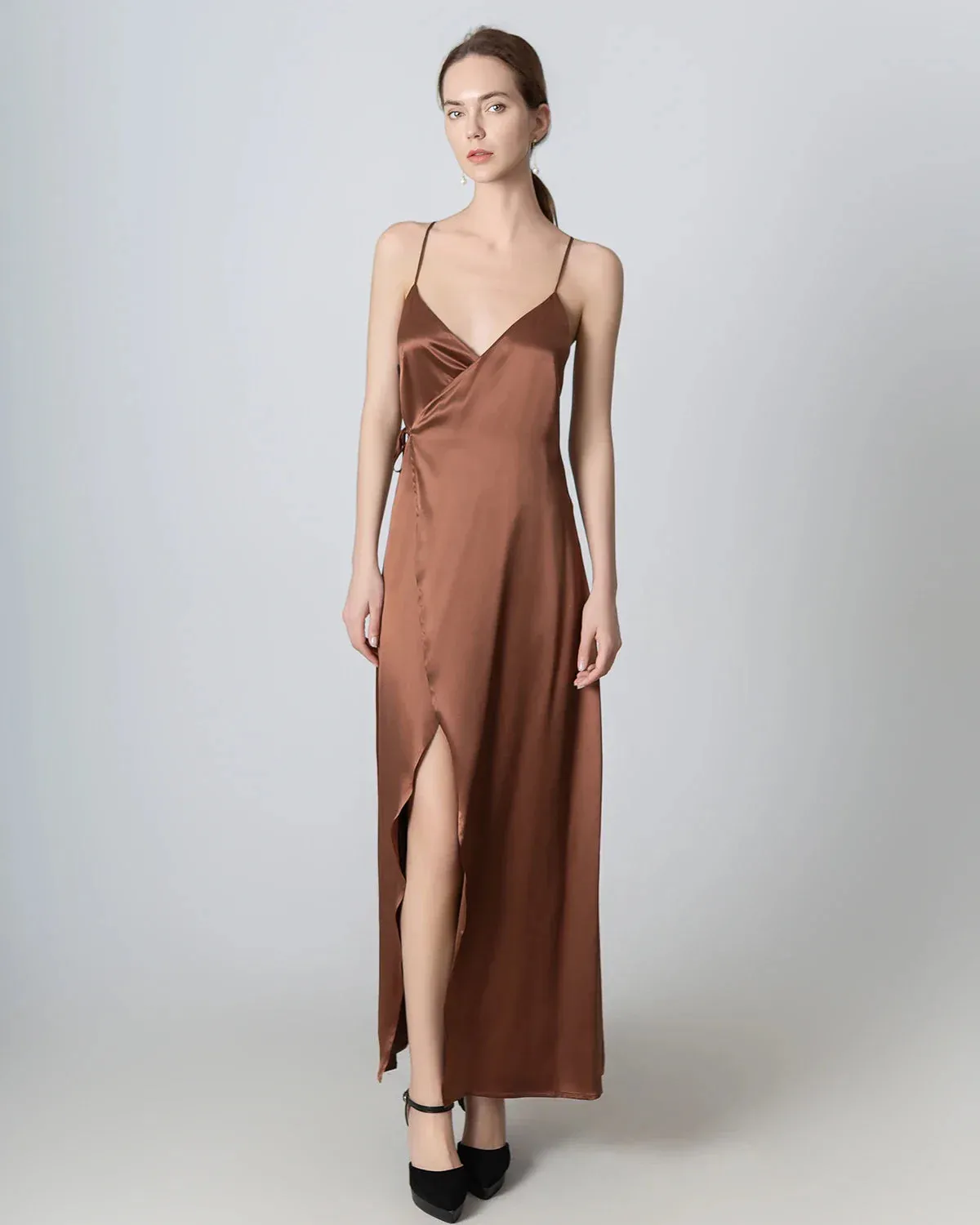 V-neck Backless Wrap Maxi Silk Dress